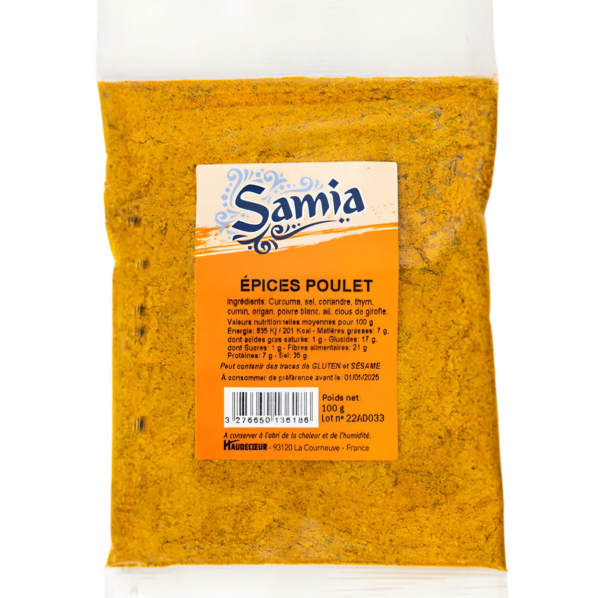 Mélange d'épices pour poulet SAMIA en sachet de 100g, parfait pour relever vos plats avec des arômes riches et authentiques.