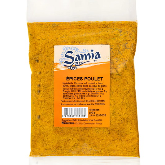 Mélange d'épices pour poulet SAMIA en sachet de 100g, parfait pour relever vos plats avec des arômes riches et authentiques.