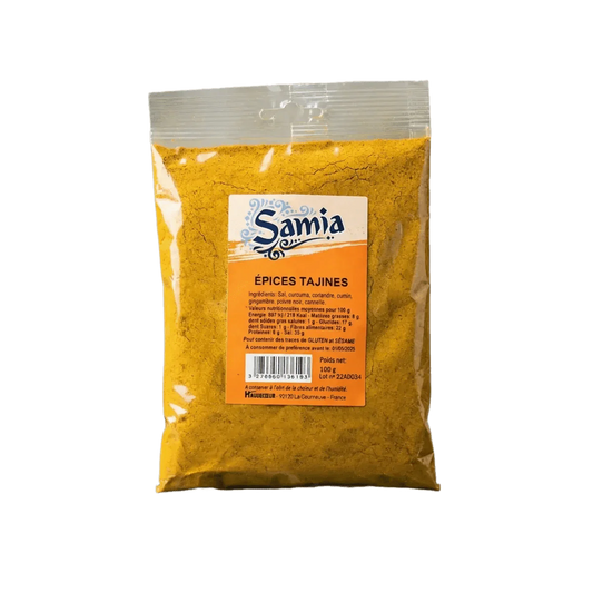 Bolsa de especias para tajine SAMIA, 100g. Presentación del paquete con la etiqueta que detalla los.