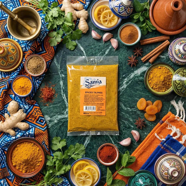 Épices pour tajine SAMIA entourées de divers ingrédients.