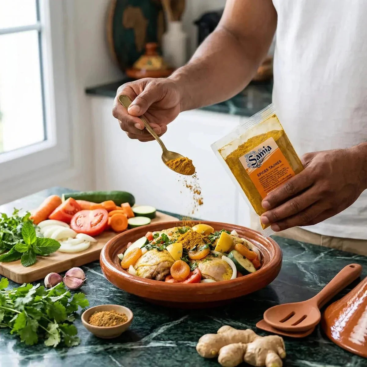 Gewürze für Tajine SAMIA. Zubereitung eines Tajine mit Gewürzzugabe. Frisches Gemüse.