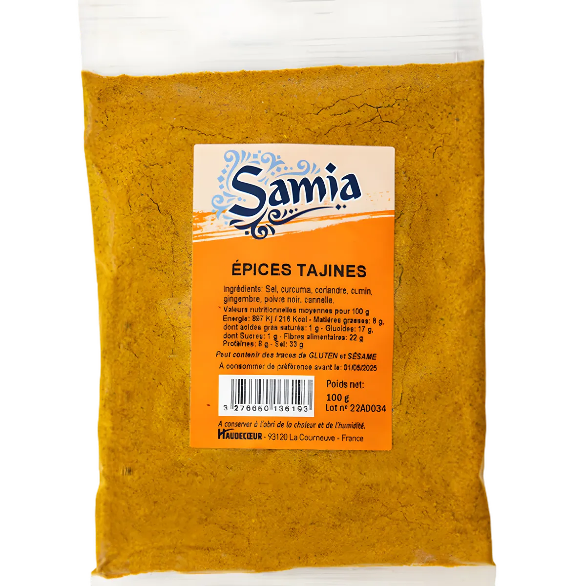 Sachet d'épices pour tajine SAMIA 100g, mélange aromatique pour plats mijotés, viandes et légumes. Épicerie salée aux saveurs orientales.