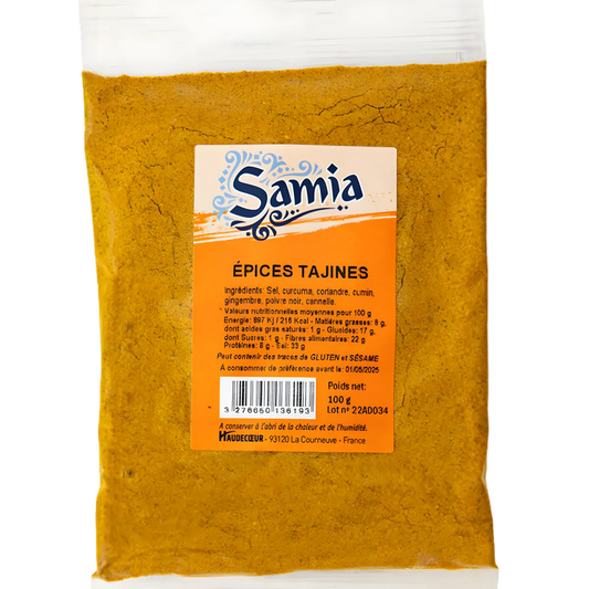 Sachet d'épices pour tajine SAMIA 100g, mélange aromatique pour plats mijotés, viandes et légumes. Épicerie salée aux saveurs orientales.