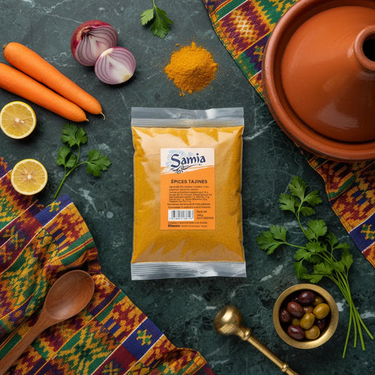 Épices pour tajine SAMIA posées sur table avec légumes, citron, coriandre et tajine, idéal pour recettes mijotées aux saveurs authentiques.