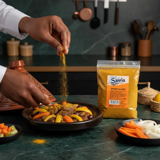 Main saupoudrant les épices pour tajine SAMIA sur un plat de légumes et viande, mélange parfait pour cuisine orientale maison.
