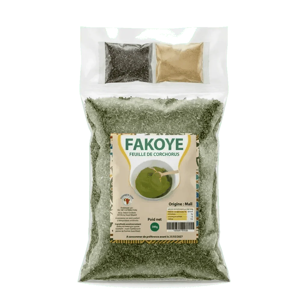 Sachet de Fakoye NUMBER ONE, feuilles de corchorus, avec épices et poudre jaune.