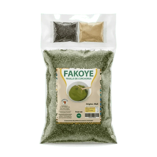 Sachet de Fakoye NUMBER ONE, feuilles de corchorus, avec épices et poudre jaune.