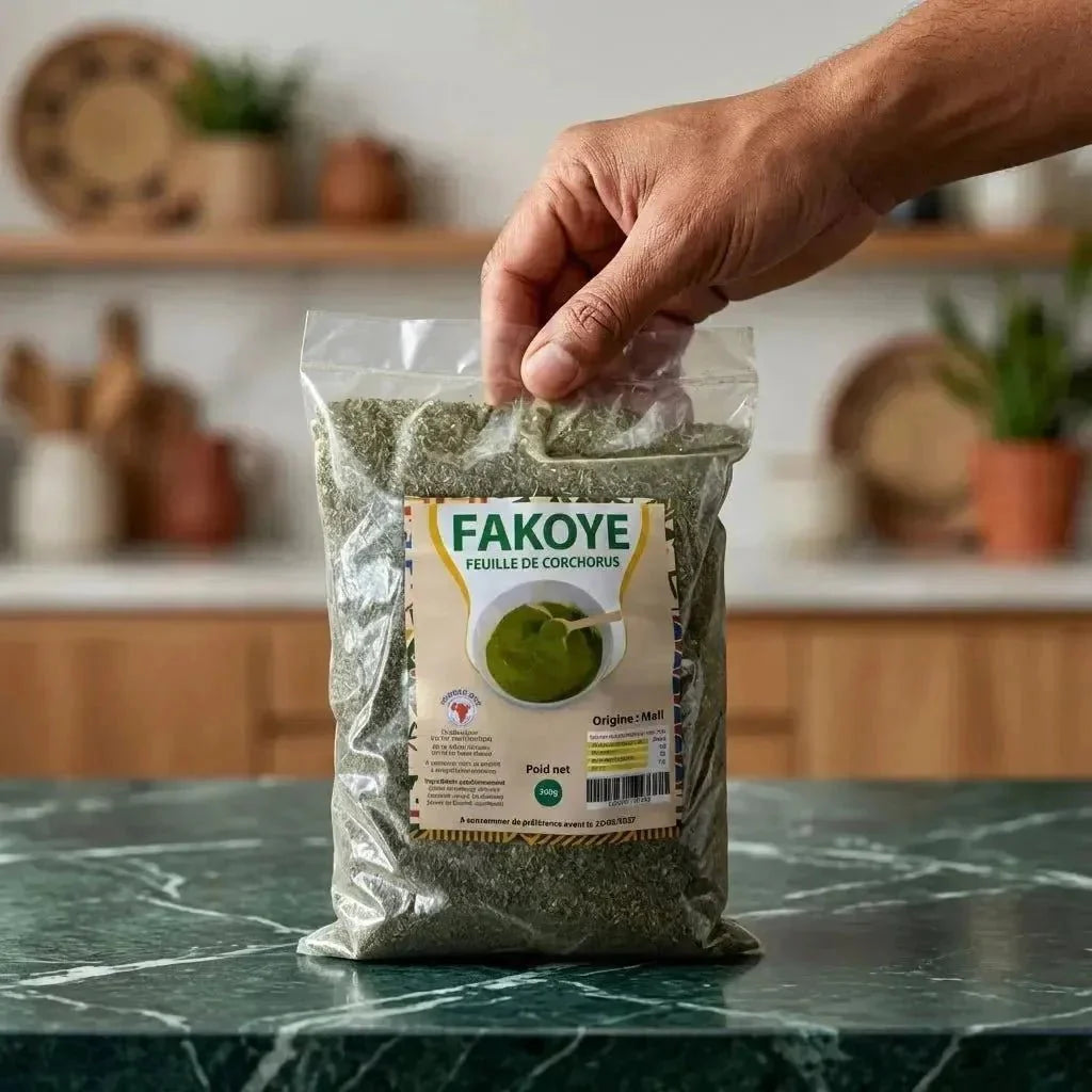 Eine Tüte Fakoye (Corchorus-Blatt) der Marke NUMBER ONE ist auf einem Tisch präsentiert.