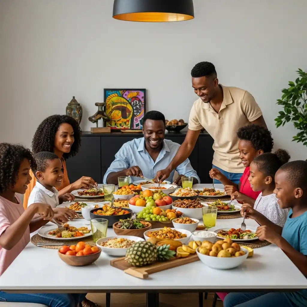 Une famille qui partage un repas ensemble à une table de dîner chargée de différents plats, fruits et boissons.