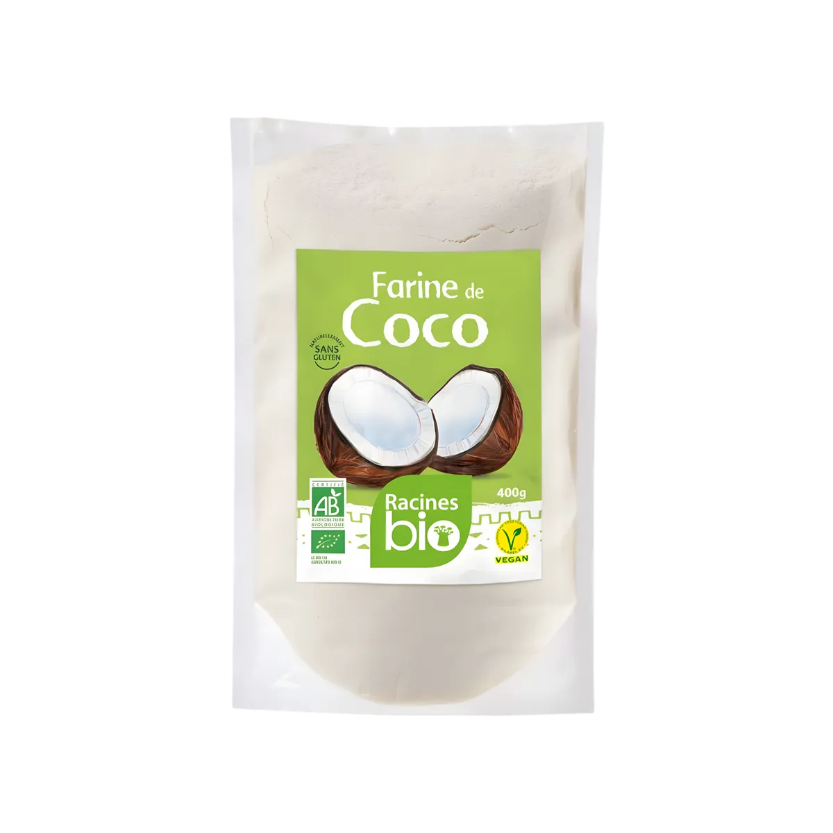 Farine de Coco Bio Sans Gluten Racines en sachet de 400g, idéale pour pâtisseries, sauces et smoothies. Produit vegan certifié AB.