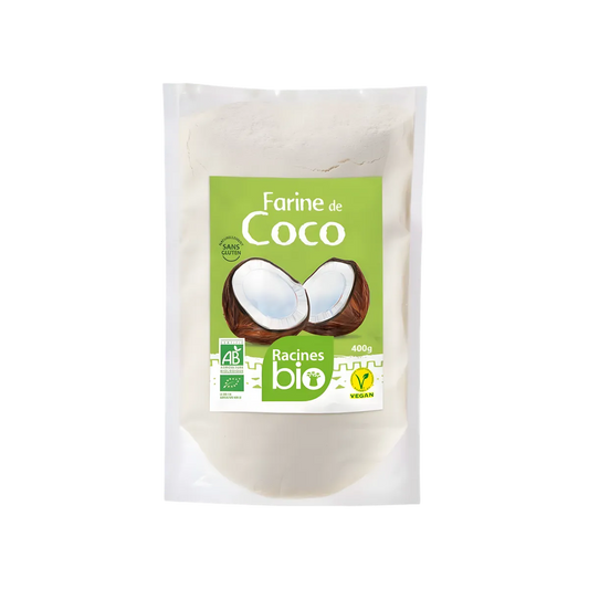 Farine de Coco Bio Sans Gluten Racines en sachet de 400g, idéale pour pâtisseries, sauces et smoothies. Produit vegan certifié AB.