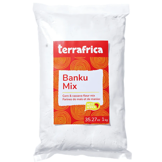 Farine de maïs et de manioc / Banku mix TERRAFRICA 1 kg, emballage rouge et blanc, idéale pour recettes africaines - ÉPICERIE SALÉE - NKOSI.