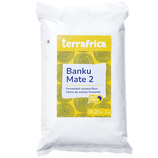 Farine de manioc fermentée Banku Mate 2 TERRAFRICA 1kg en sachet blanc, idéale pour recettes africaines traditionnelles - ÉPICERIE SALÉE NKOSI.