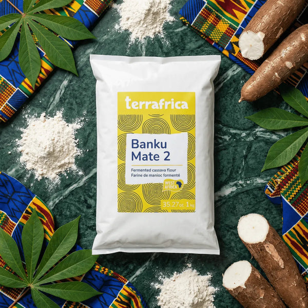 TERRAFRICA, Banku Mate cassava flour 2 (1kg). Bag surrounded by cassava, flour, and colorful fabric.