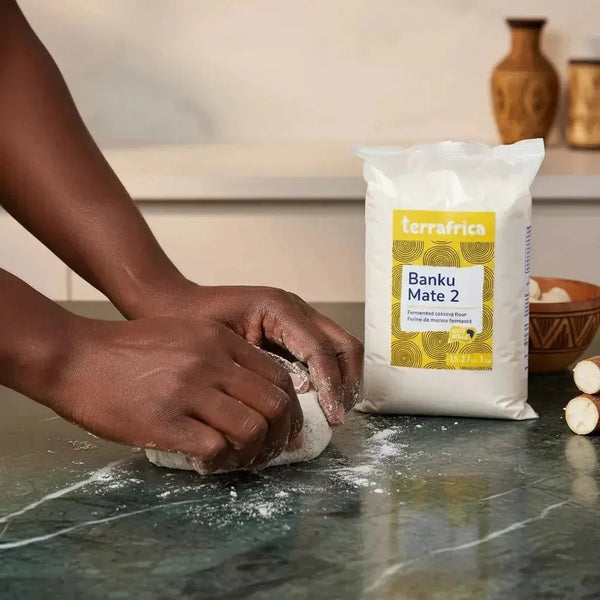TERRAFRICA fermented cassava flour. Hand dough preparation.