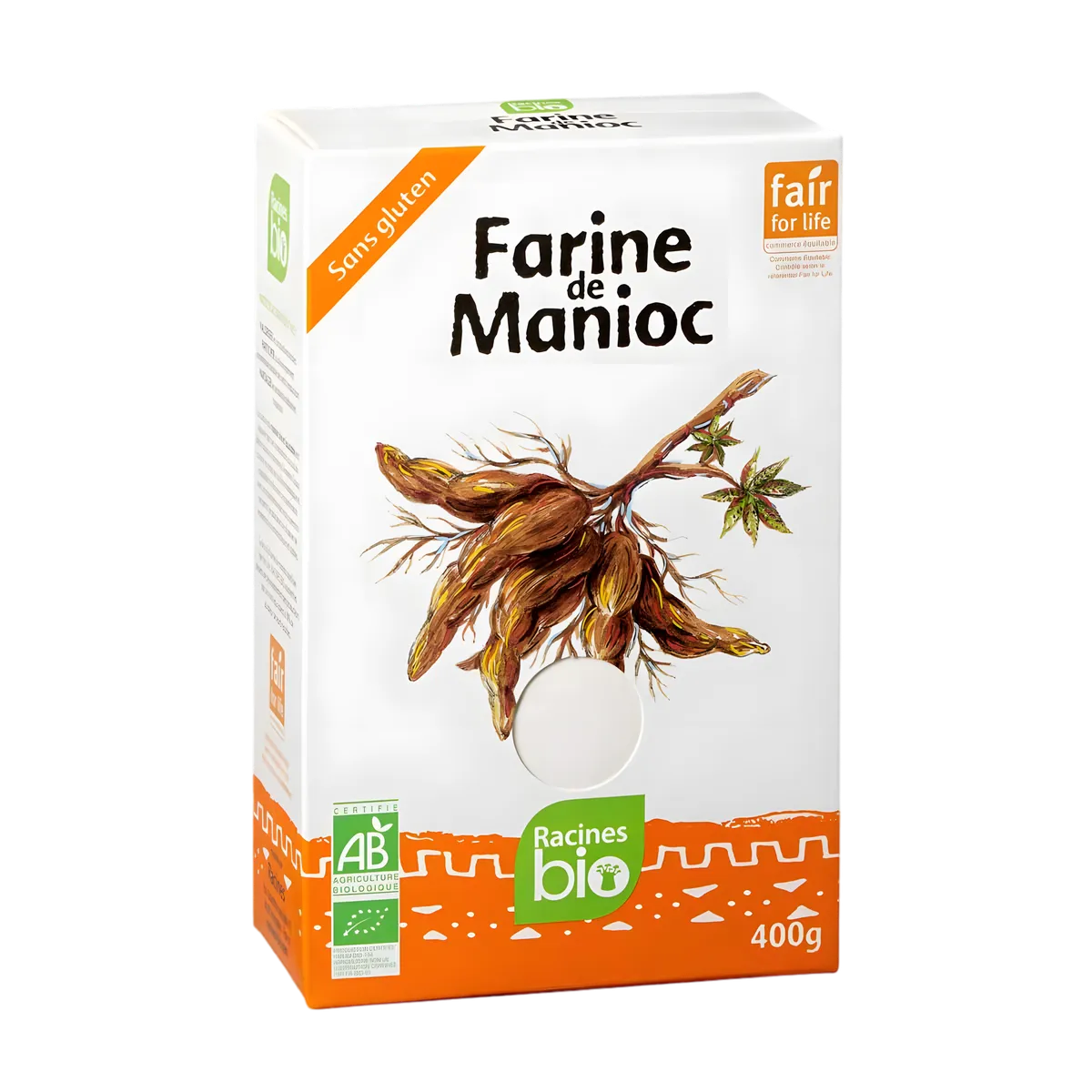 Farine Manioc RACINES BIO - Farine de manioc bio sans gluten en boîte de 400g, idéale pour recettes sans gluten et cuisine saine.