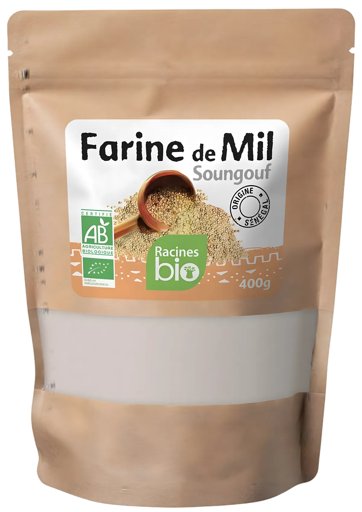 Farine de Mil RACINES BIO 400g dans un sachet refermable, idéale pour plats sucrés salés. Farine mil bio certifiée AB, origine Sénégal.