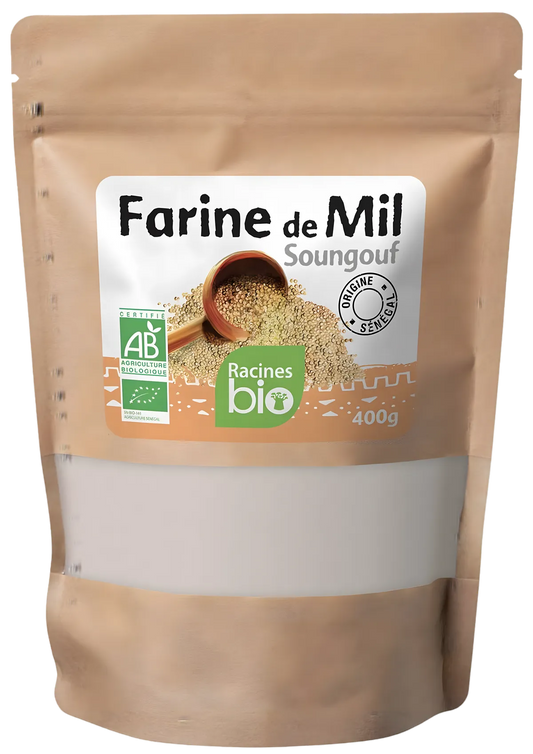 Farine de Mil RACINES BIO 400g dans un sachet refermable, idéale pour plats sucrés salés. Farine mil bio certifiée AB, origine Sénégal.