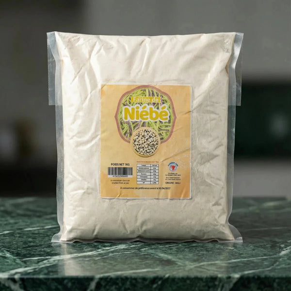 Cowpea flour by NUMBER ONE, in a transparent plastic bag with a yellow label.