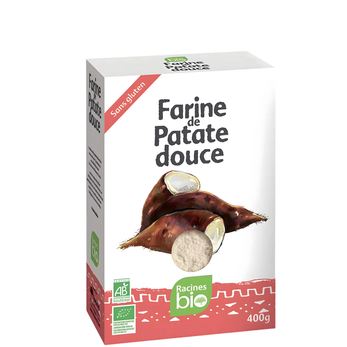 Farine patate douce RACINES BIO 400g, sans gluten, emballage bio avec illustration de patates douces entières et moulues. Texture fine et polyvalente.