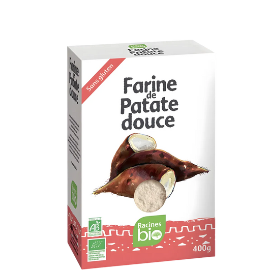 Farine patate douce RACINES BIO 400g, sans gluten, emballage bio avec illustration de patates douces entières et moulues. Texture fine et polyvalente.