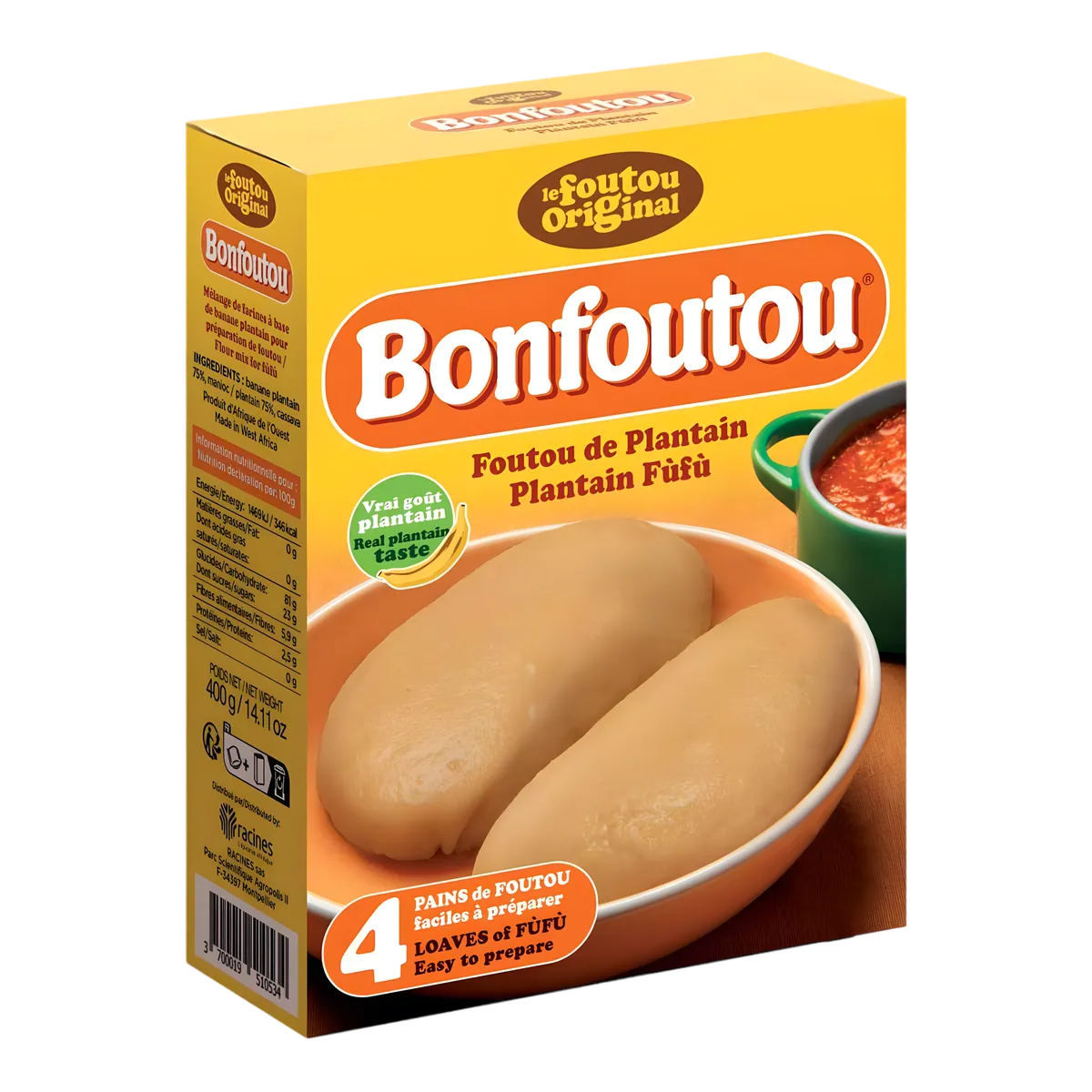 Farine de plantain BONFOUTOU - Polyvalence Culinaire, boîte jaune avec 4 pains de foutou, idéale pour sauces et plats africains.