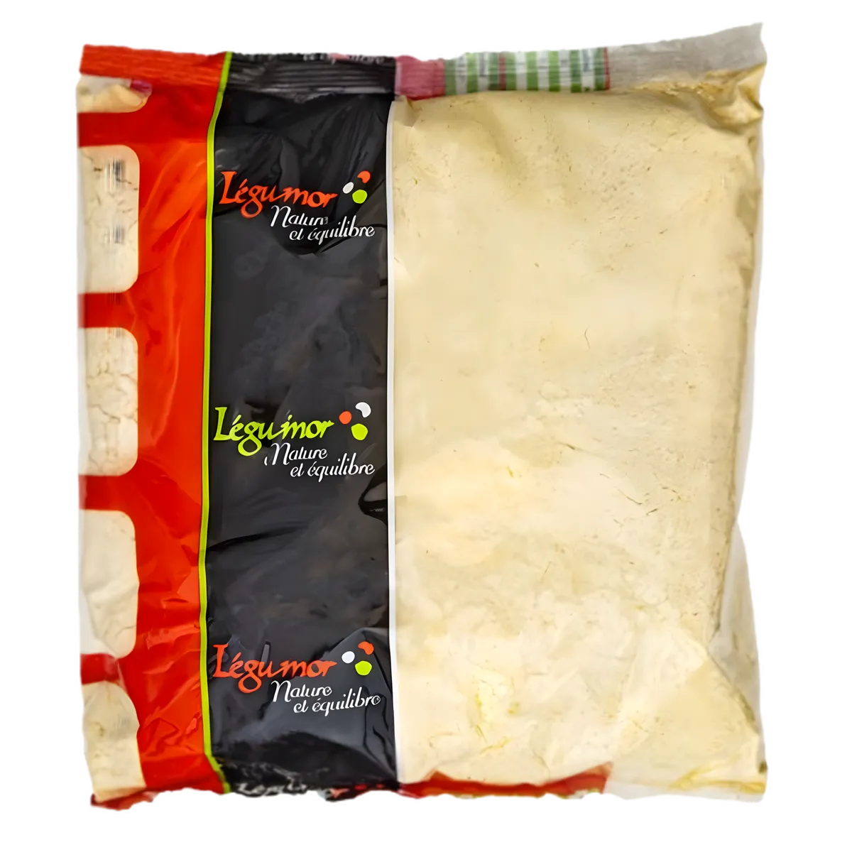 Farine de pois chiche LEGUMOR en sachet transparent, riche en protéines végétales, idéale pour recettes saines en épicerie salée.