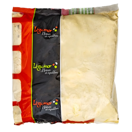 Farine de pois chiche LEGUMOR en sachet transparent, riche en protéines végétales, idéale pour recettes saines en épicerie salée.