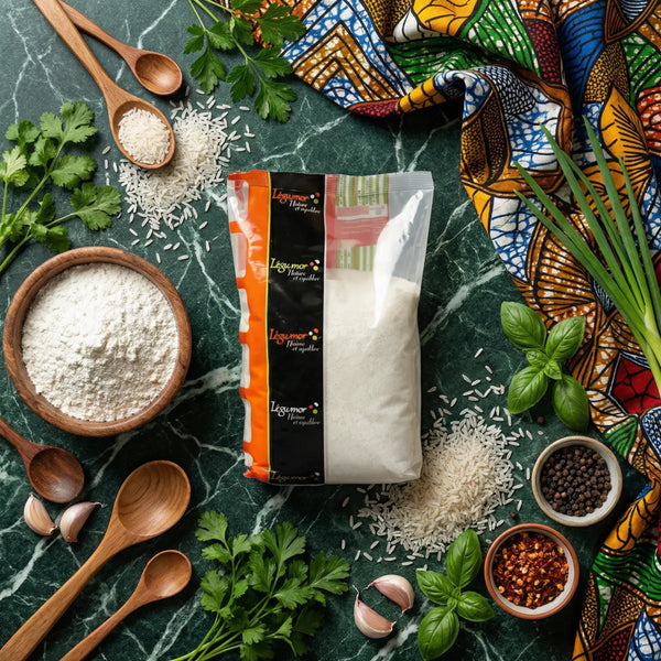 Farine de riz LEGUMOR 400g, bol de farine, riz, herbes, épices et tissu coloré sur fond vert marbré.