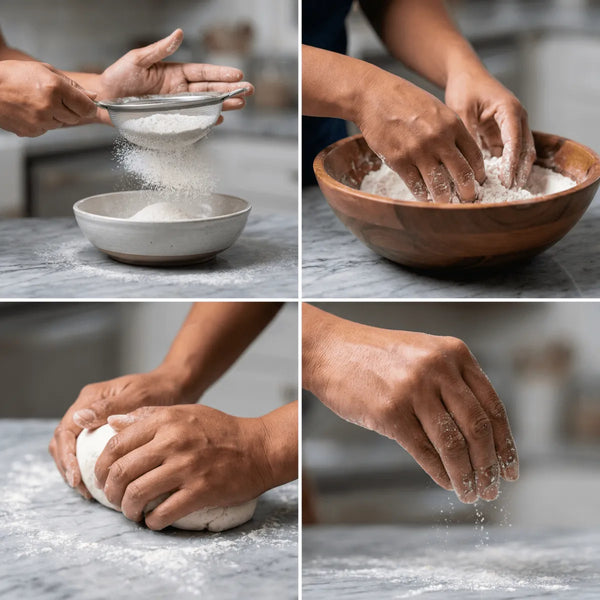 LEGUMOR Farine de riz en préparation : tamisage, mélange, pétrissage et saupoudrage.