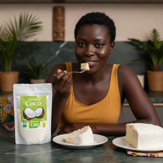 Femme dégustant un gâteau préparé avec la Farine de Coco Bio Sans Gluten Racines, parfaite pour desserts moelleux et gourmands.