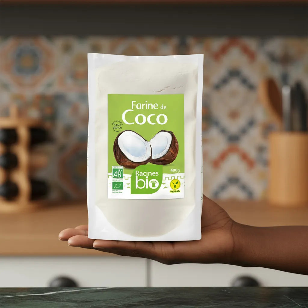Main tenant un sachet de Farine de Coco Bio Sans Gluten Racines 400g, produit vegan et bio pour cuisine saine et gourmande.