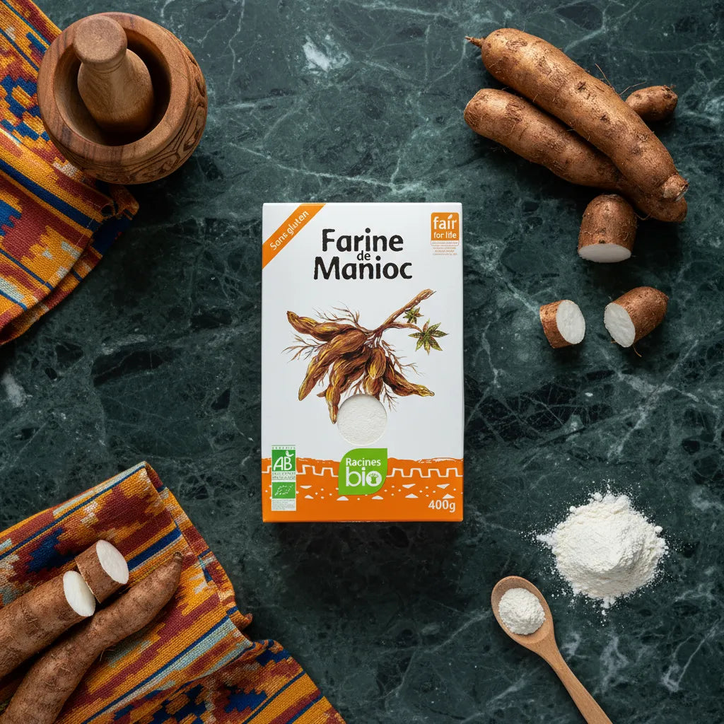 Farine Manioc RACINES BIO 400g posée sur table en marbre avec racines de manioc, poudre de farine et ustensiles de cuisine traditionnelle.