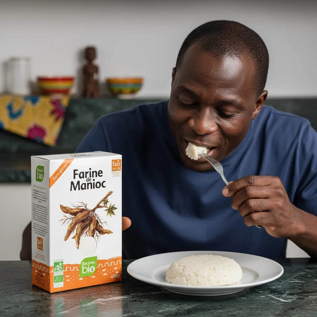 Homme dégustant un plat préparé avec la Farine Manioc RACINES BIO, farine bio sans gluten parfaite pour cuisine africaine et saine.