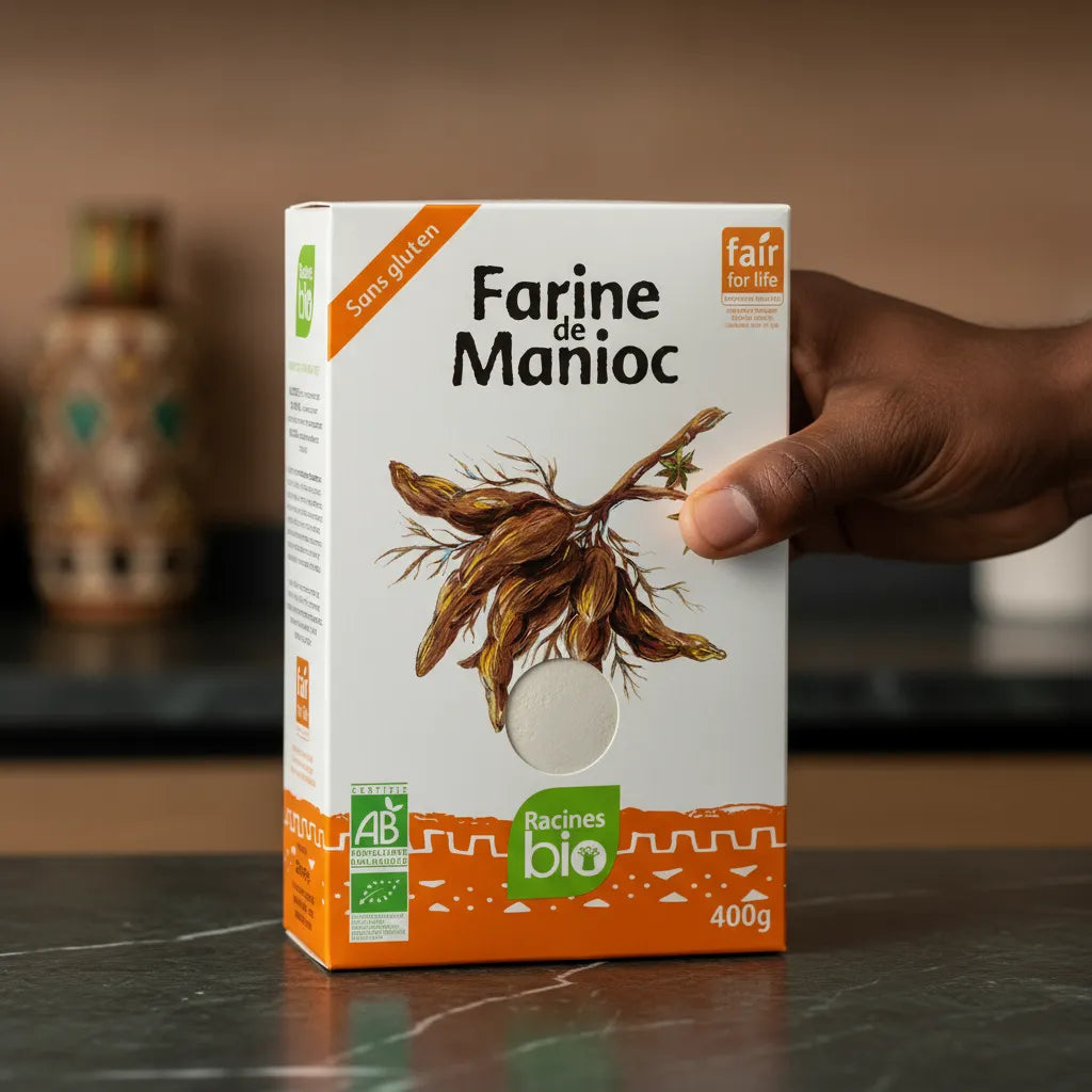 Main tenant une boîte de Farine Manioc RACINES BIO 400g, produit bio certifié AB, sans gluten, pour pains et pâtisseries maison.