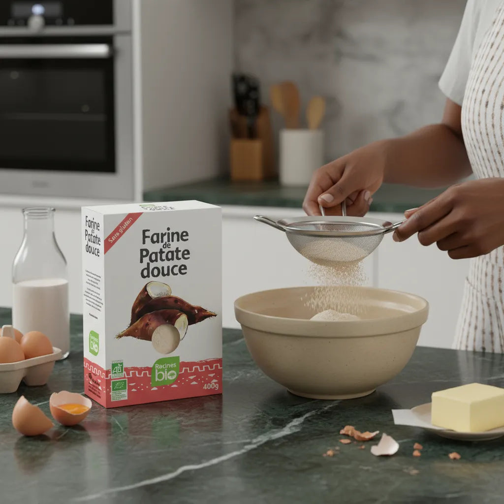 Utilisation de la farine de patate douce RACINES BIO dans une recette, tamisée dans un saladier. Parfaite pour pâtisseries et préparations maison.