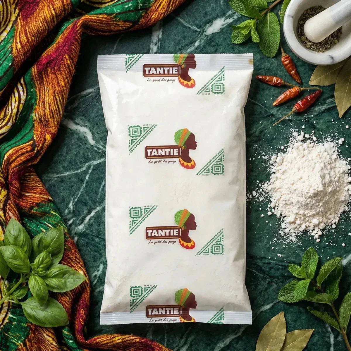 TANTIE marbled potato starch with herbs and spices. Culinary presentation of the product.