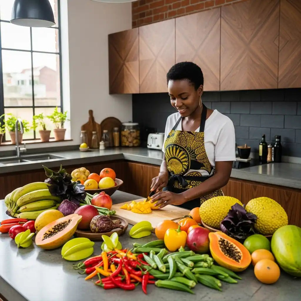 Une femme en tablier hachant des produits frais dans une cuisine.