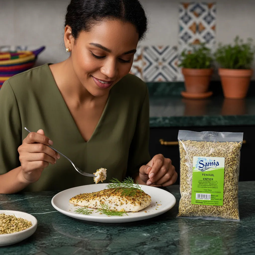 Femme dégustant un plat de poisson assaisonné au fenouil entier SAMIA. Épice croquante et parfumée pour sublimer vos repas.