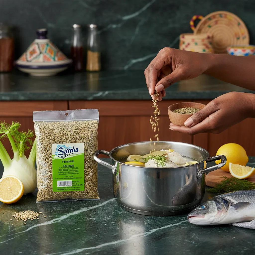 Utilisation du fenouil entier SAMIA en cuisine, ajout dans une marmite de poisson. Saveur anisée parfaite pour recettes traditionnelles.