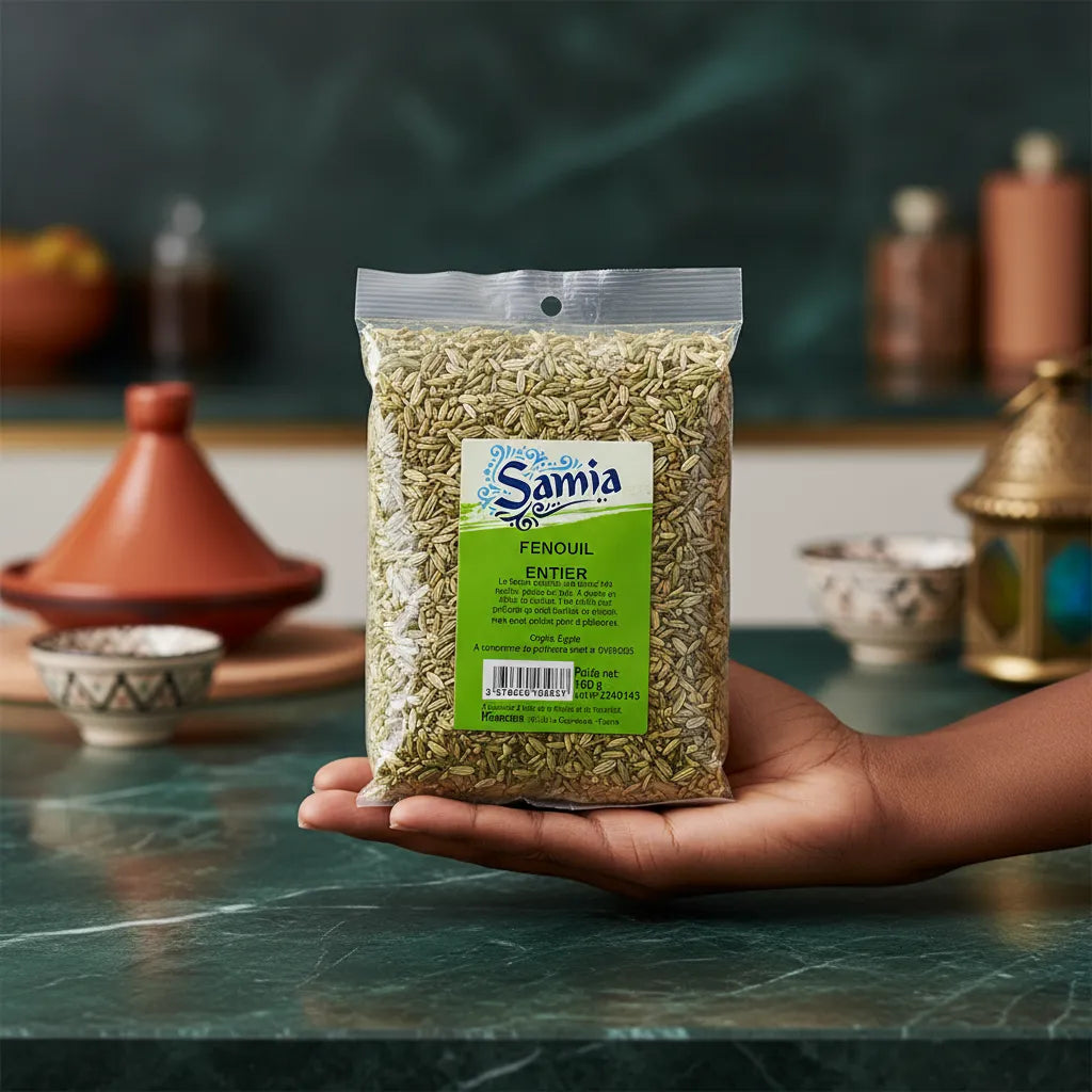 Sachet de fenouil entier SAMIA tenu à la main sur fond de cuisine orientale. Parfait pour épicerie salée et plats mijotés.
