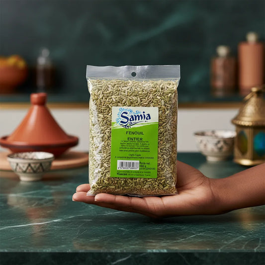 Sachet de fenouil entier SAMIA tenu à la main sur fond de cuisine orientale. Parfait pour épicerie salée et plats mijotés.
