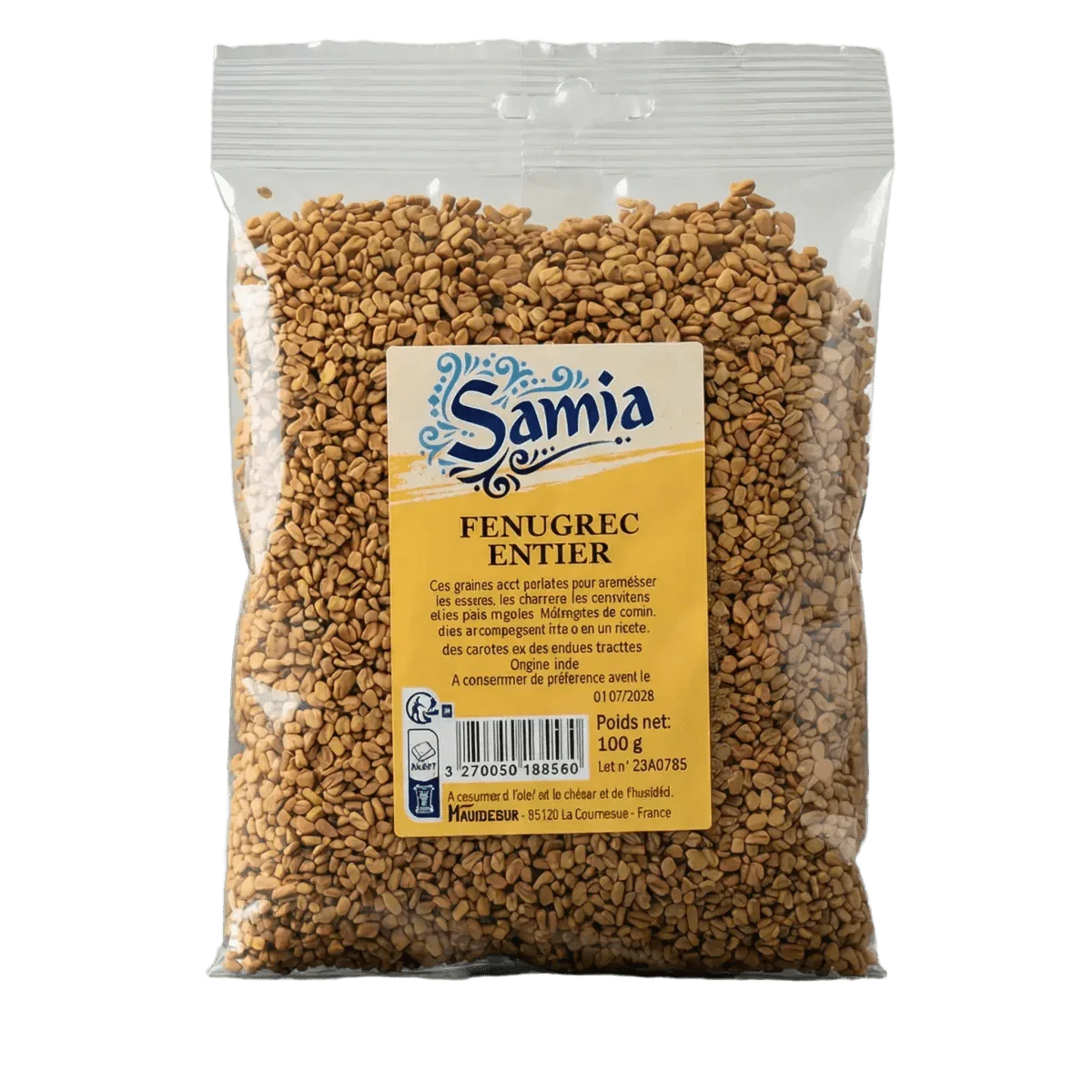 Samia whole fenugreek sachet, 100g. Close-up of the packaged product.