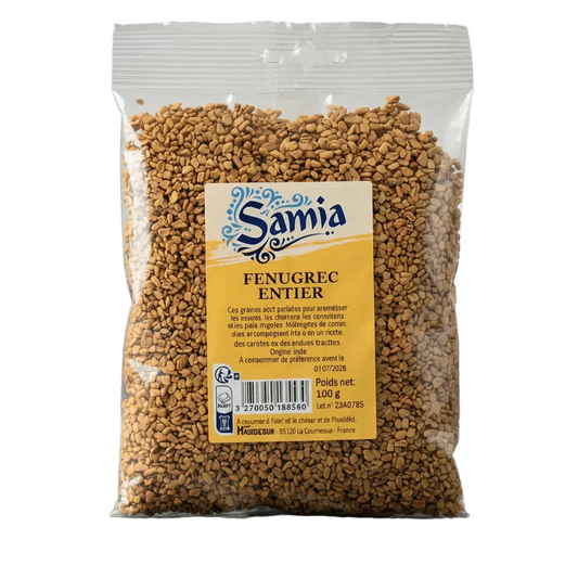 Samia whole fenugreek sachet, 100g. Close-up of the packaged product.