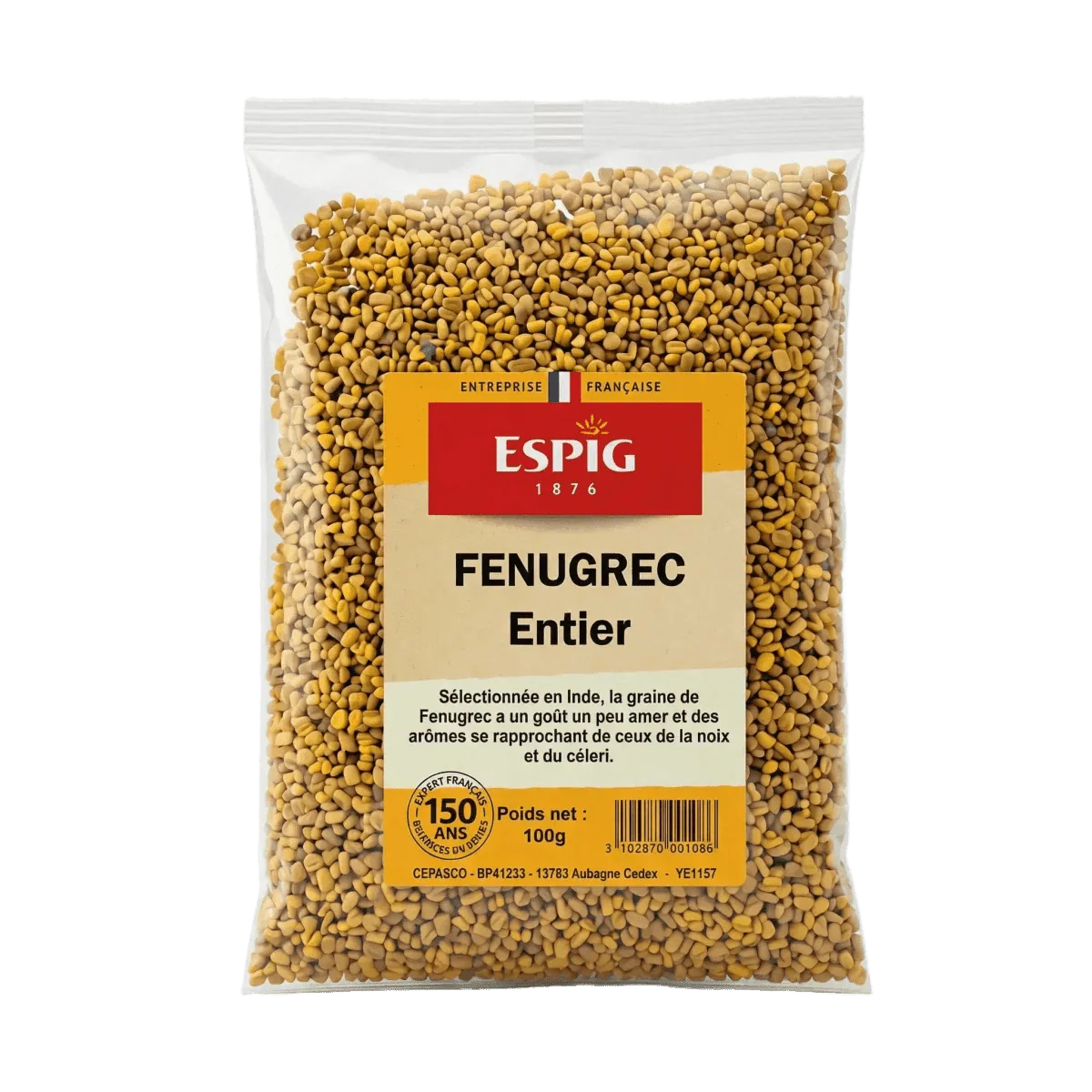 Sachet transparent de fenugrec entier ESPIG (100g) sur fond uni. Emballage de la marque visible.