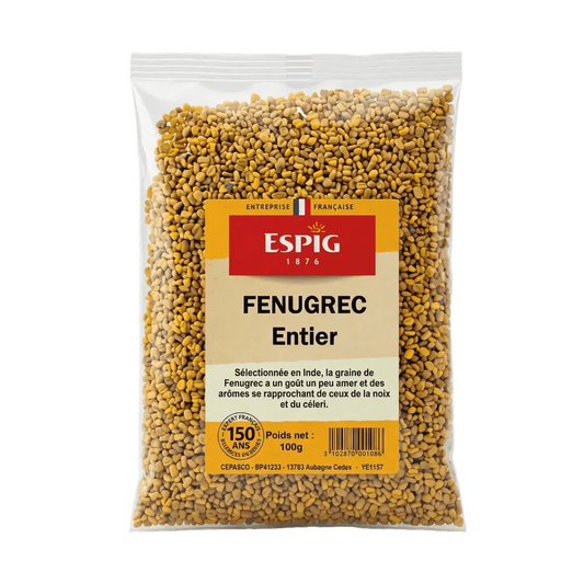 Sachet transparent de fenugrec entier ESPIG (100g) sur fond uni. Emballage de la marque visible.