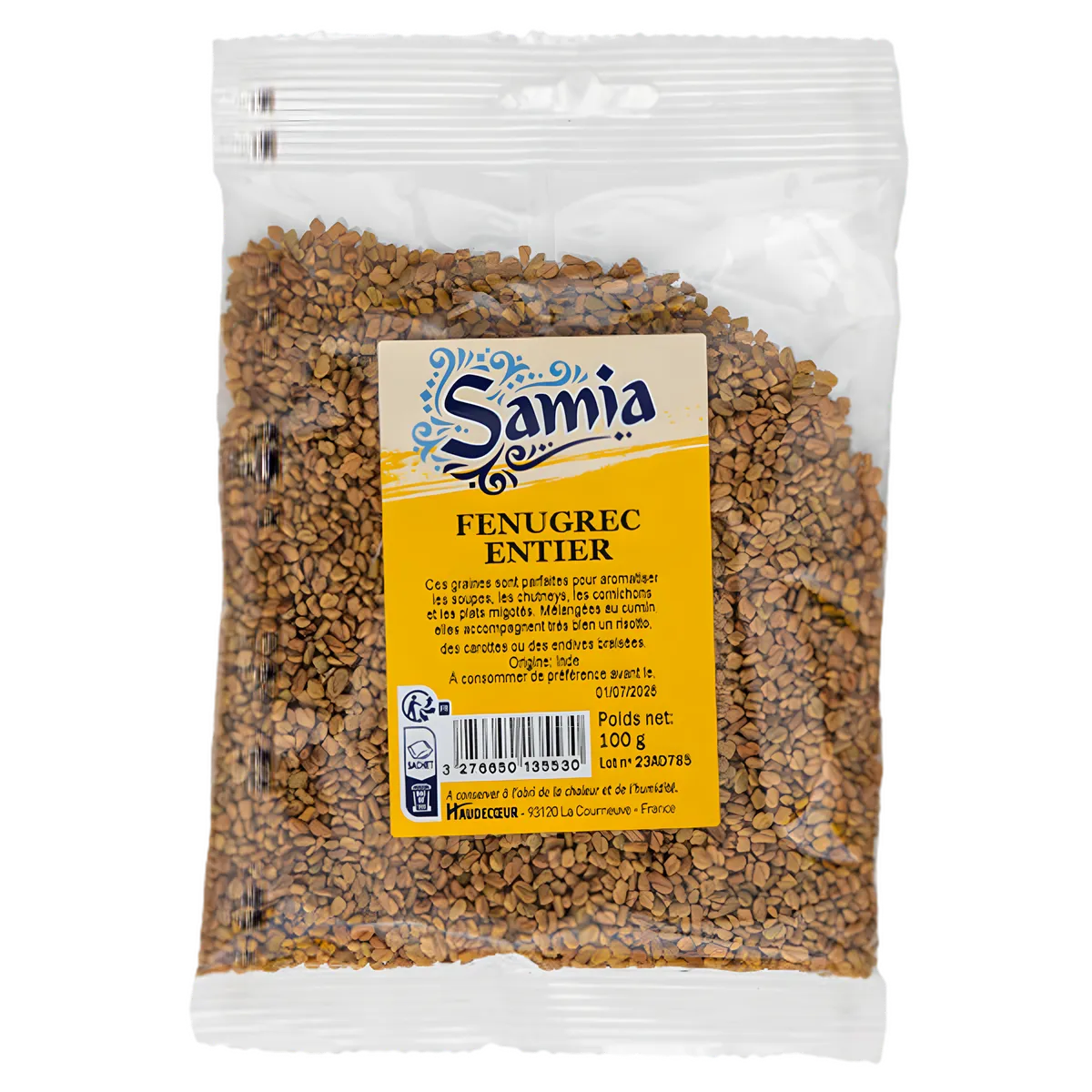 Fenugrec entier SAMIA - Graines de fenugrec en sachet de 100g, parfaites pour épicer vos plats avec une touche orientale unique.