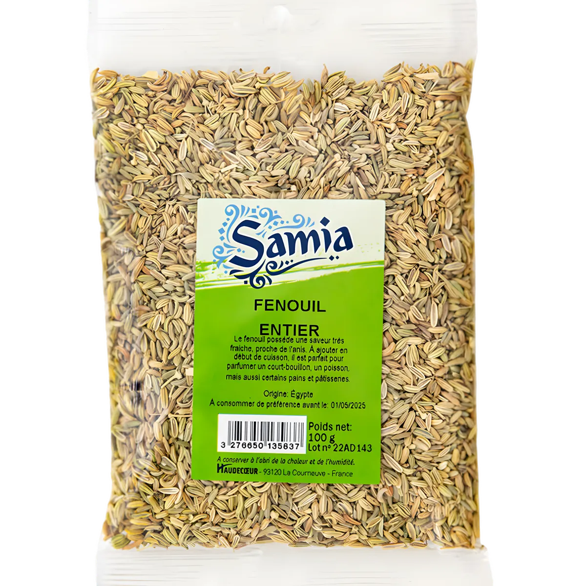 Fenouil entier SAMIA en sachet de 100g, herbe aromatique à saveur anisée pour épicerie salée. Idéal pour plats mijotés et salades.