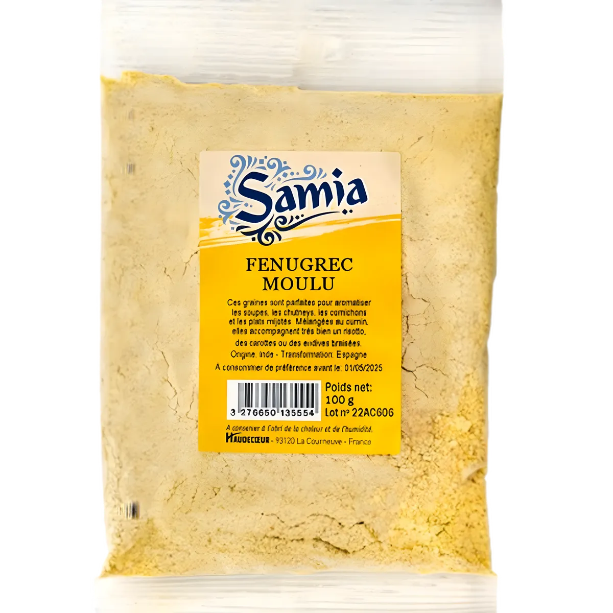 Fenugrec moulu SAMIA 100g en sachet transparent, épice fine à la texture poudreuse et goût amer pour cuisine orientale et épicerie salée.