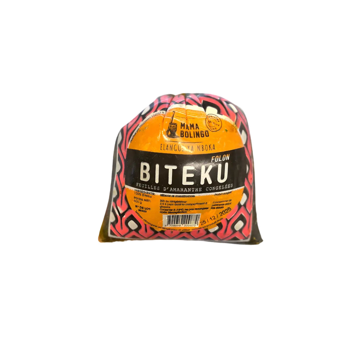 Feuille d'amarante congelée Biteku Folon de la marque Mama Bolingo, emballée pour une conservation optimale. Légume polyvalent riche en nutriments.
